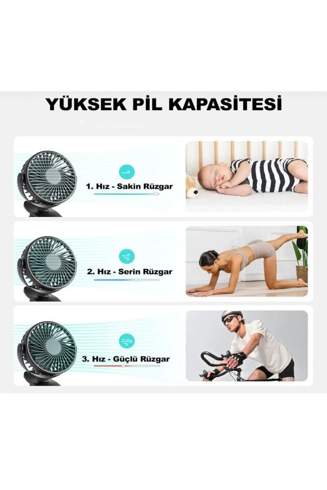 Masaüstü Şarjlı Mandallı 360° Manuel Dönen Mini Fan Vantilatör Şarjlı Klipsli Soğutucu 3 Kademe