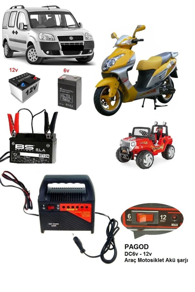 Akü Şarj Cihazı -  Araba Motosiklet Tekne Aküleri Akülü çocuk araçları için 6 Volt ve 12 Volt