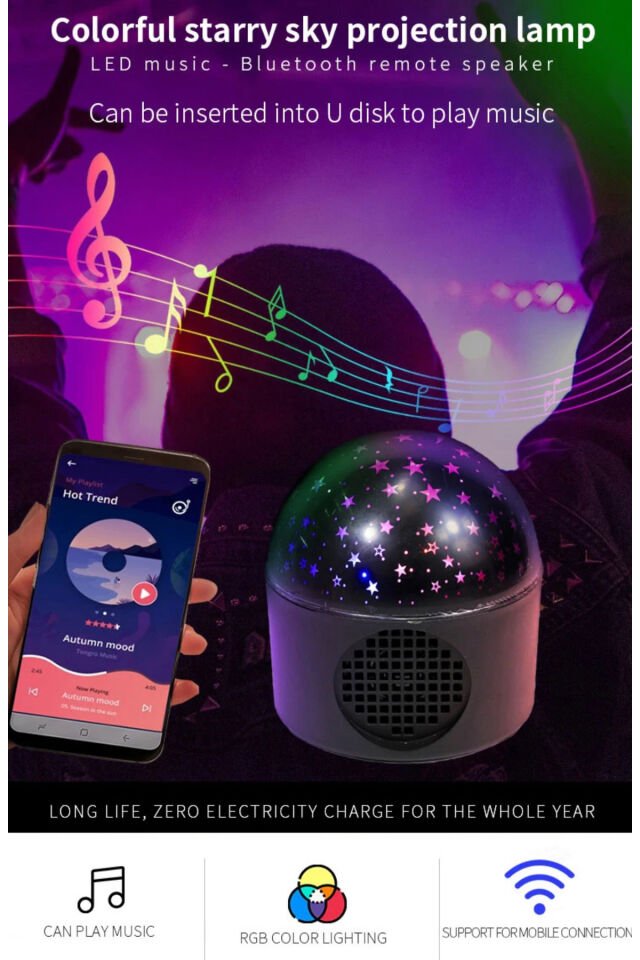 Bluetooth Rgb Ay Yıldız Hareketli Disco Hoparlör Usb Girişli Taşınabilir Kaliteli Ses