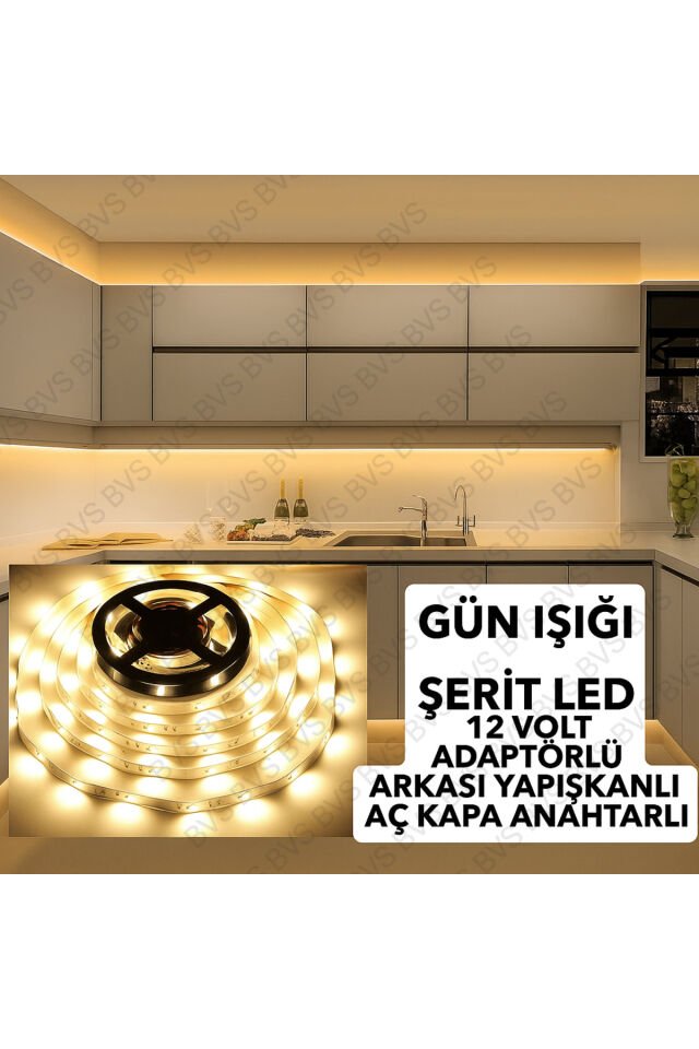 Mutfak Dolabı Tezgah Üstü İçin 5 Metre Gün Işığı 12v Adaptörlü Aç Kapa Anahtarlı Şerit Led Işık