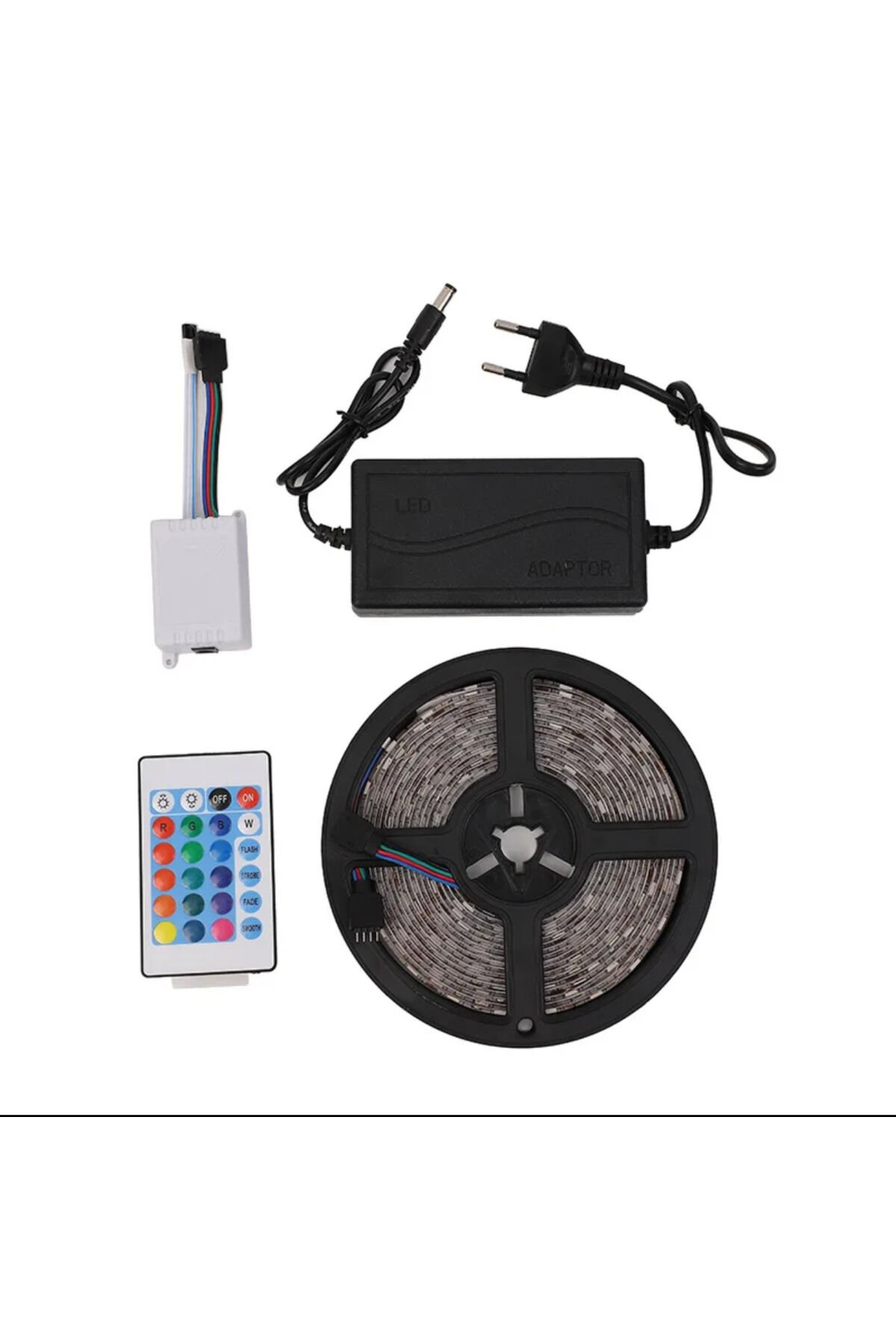 Rgb Şerit Led 5 Metre 16 Renk Kumandalı Tak Çalıştır 3 Çip 3 Direnç Slikonlu 12 Volt 5 Amper Adaptör