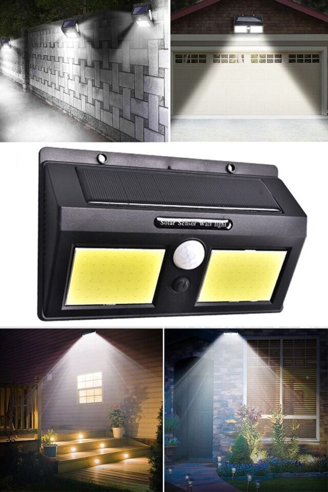 Solar 96 Ledli Sensörlü Su Geçirmez Güneş Enerjili 2'li Cob Led Aplik Dış Ortam Aydınlatması