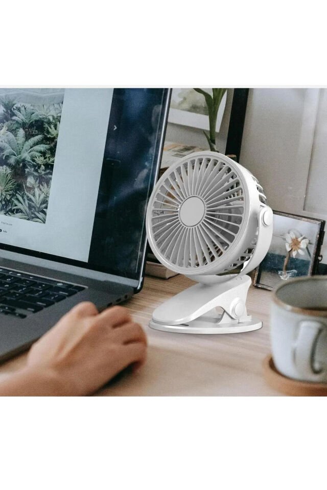 Masaüstü Şarjlı Mandallı 360° Manuel Dönen Mini Fan Vantilatör Şarjlı Klipsli Soğutucu 3 Kademe Beyaz