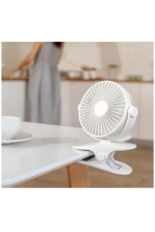 Masaüstü Şarjlı Mandallı 360° Manuel Dönen Mini Fan Vantilatör Şarjlı Klipsli Soğutucu 3 Kademe Beyaz