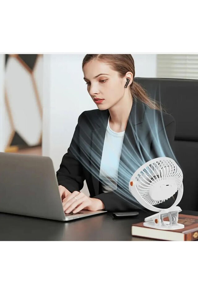 Masaüstü Şarjlı Mandallı 360° Manuel Dönen Mini Fan Vantilatör Şarjlı Klipsli Soğutucu 3 Kademe Beyaz