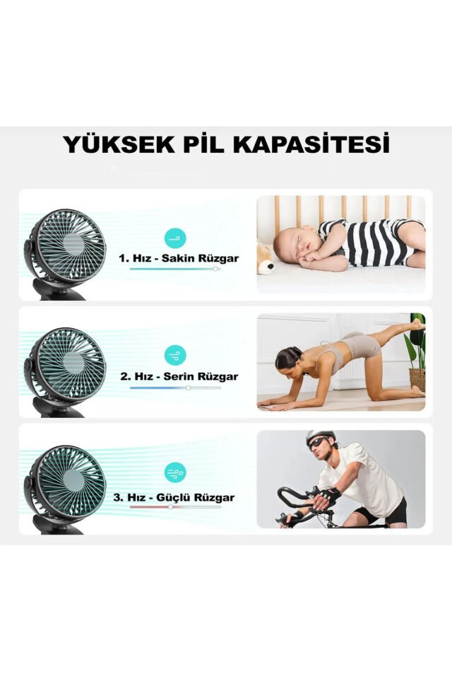 Masaüstü Şarjlı Mandallı 360° Manuel Dönen Mini Fan Vantilatör Şarjlı Klipsli Soğutucu 3 Kademe Beyaz