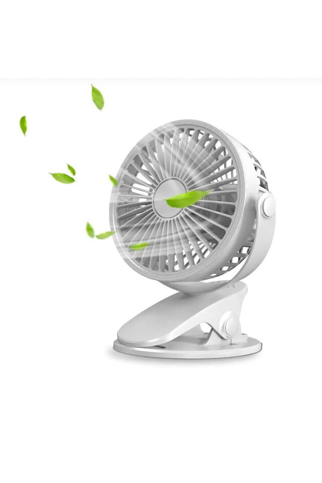 Masaüstü Şarjlı Mandallı 360° Manuel Dönen Mini Fan Vantilatör Şarjlı Klipsli Soğutucu 3 Kademe Beyaz