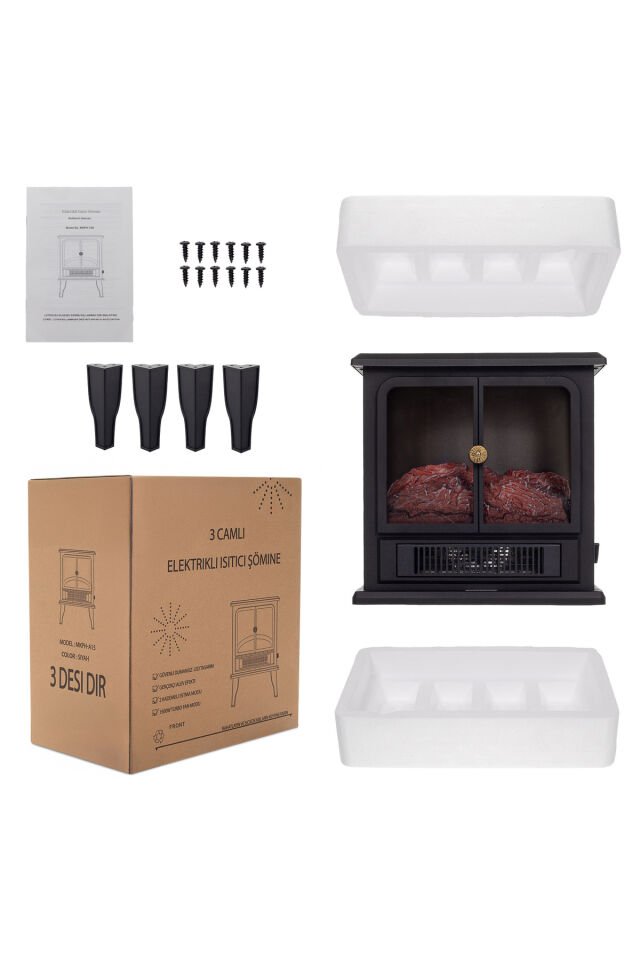 ELEKTRİKLİ ŞÖMİNE 1500 W 2 KADEMELİ ELEKTRİKLİ SOBA LEDLİ ATEŞ EFEKTLİ ŞÖMİNE BACASIZ ŞÖMİNE Siyah
