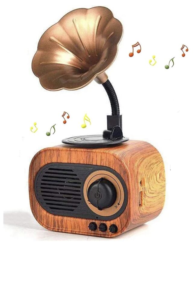 Nostaljik Mini Gramafon Bluetooth Radyo Usb Aux Yüksek Ses Kalitesi Taşınabilir Hoparlör Extra Bass Ahşap