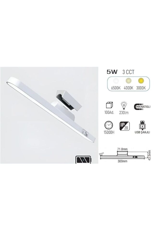Martı Mıknatıslı Şarjlı Led Işık Micro Usb Şarjlı Kablosuz Led Lamba 3 Farklı Işık Led Aplik KML120 BEYAZ